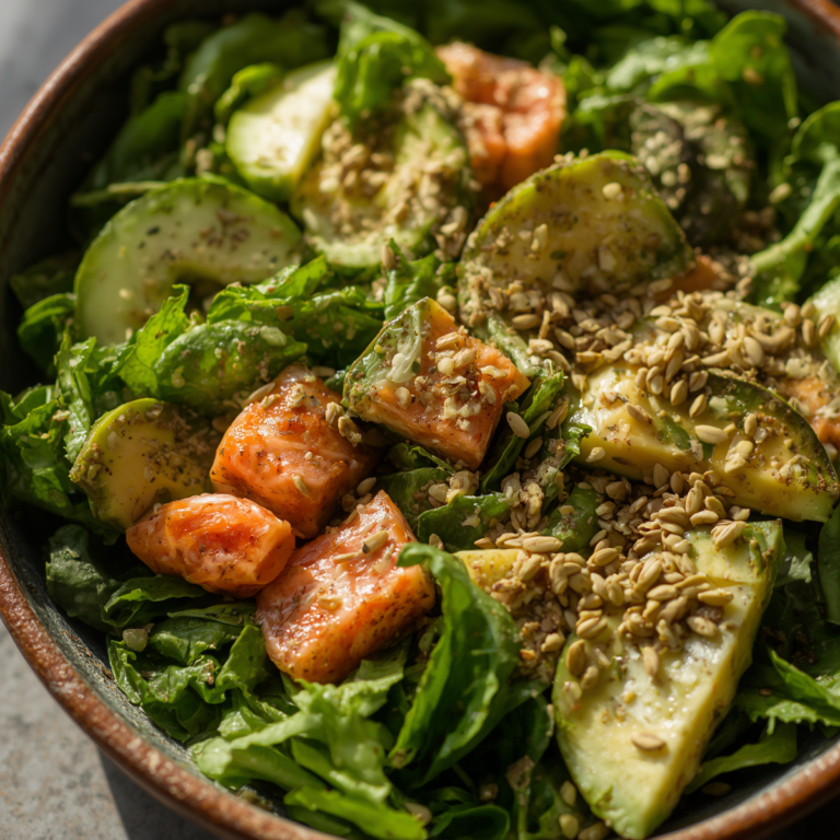 salada de folhas com salmão, pepino, abacate e sementes