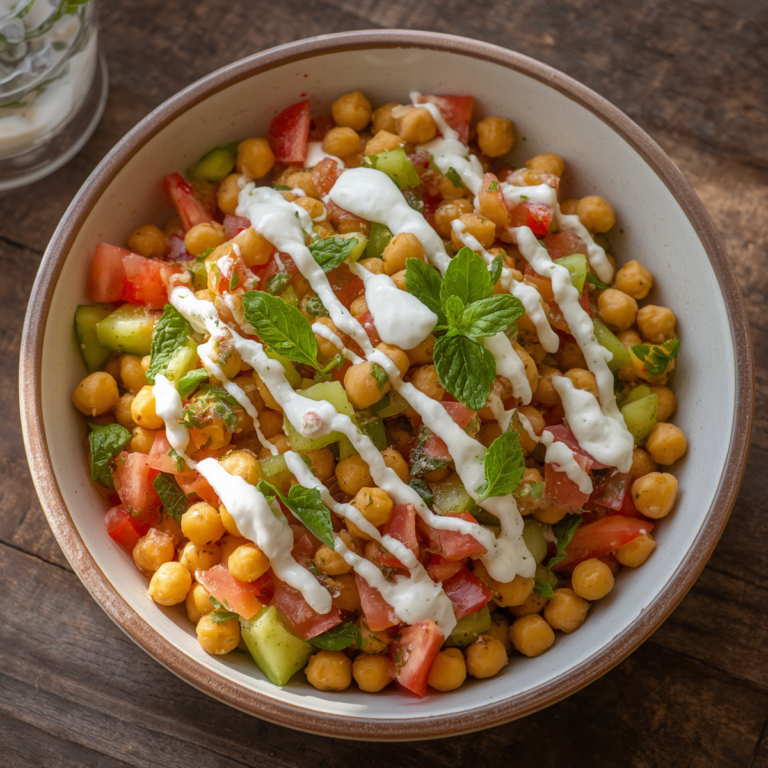 salada de grão de bico, tomate, pepino, hortelã e iogurte